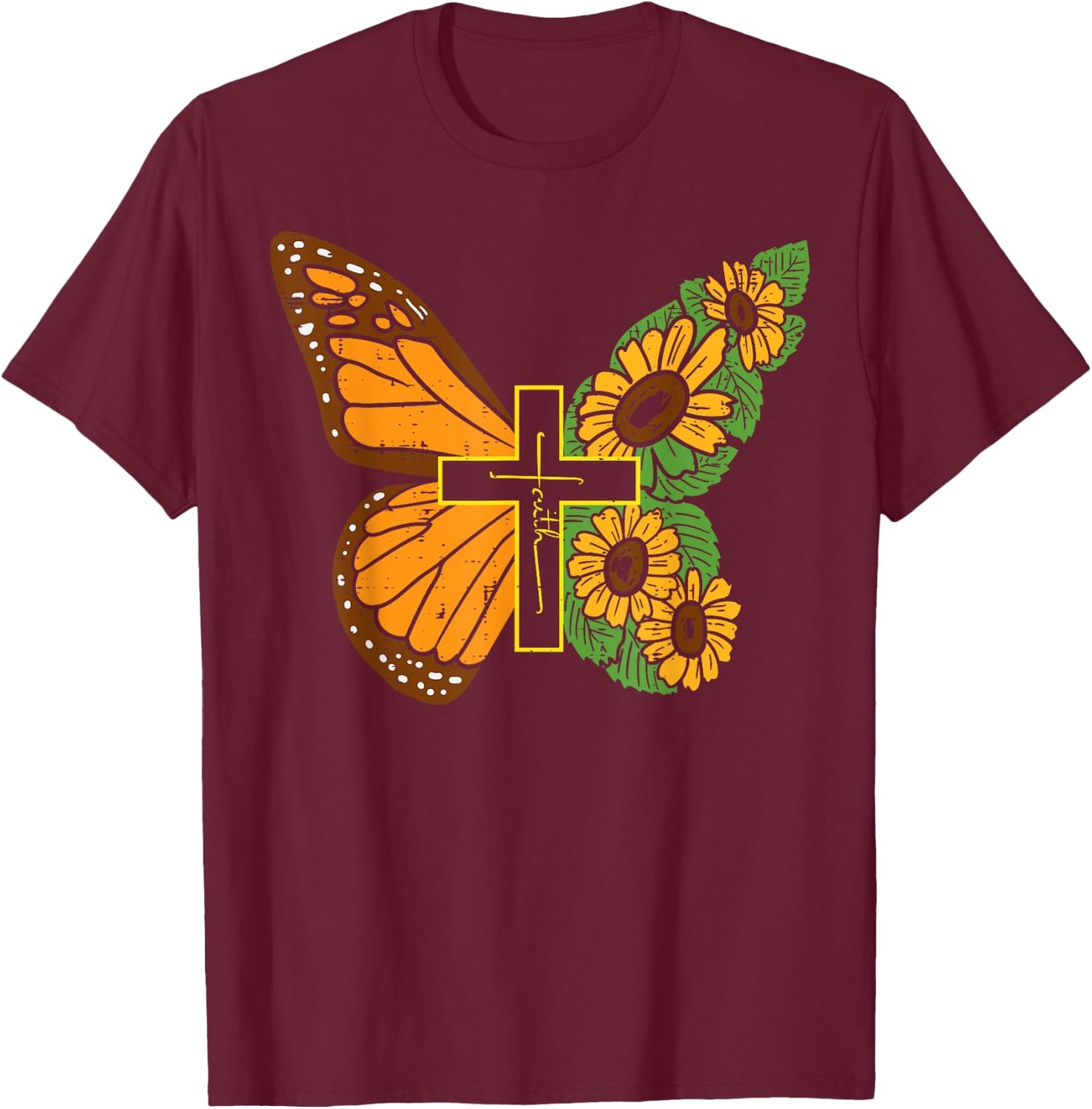 Butterfly Sunflower Cross Faith God Jesus Christian Women T-Shirt - T-Shirt | Maroon