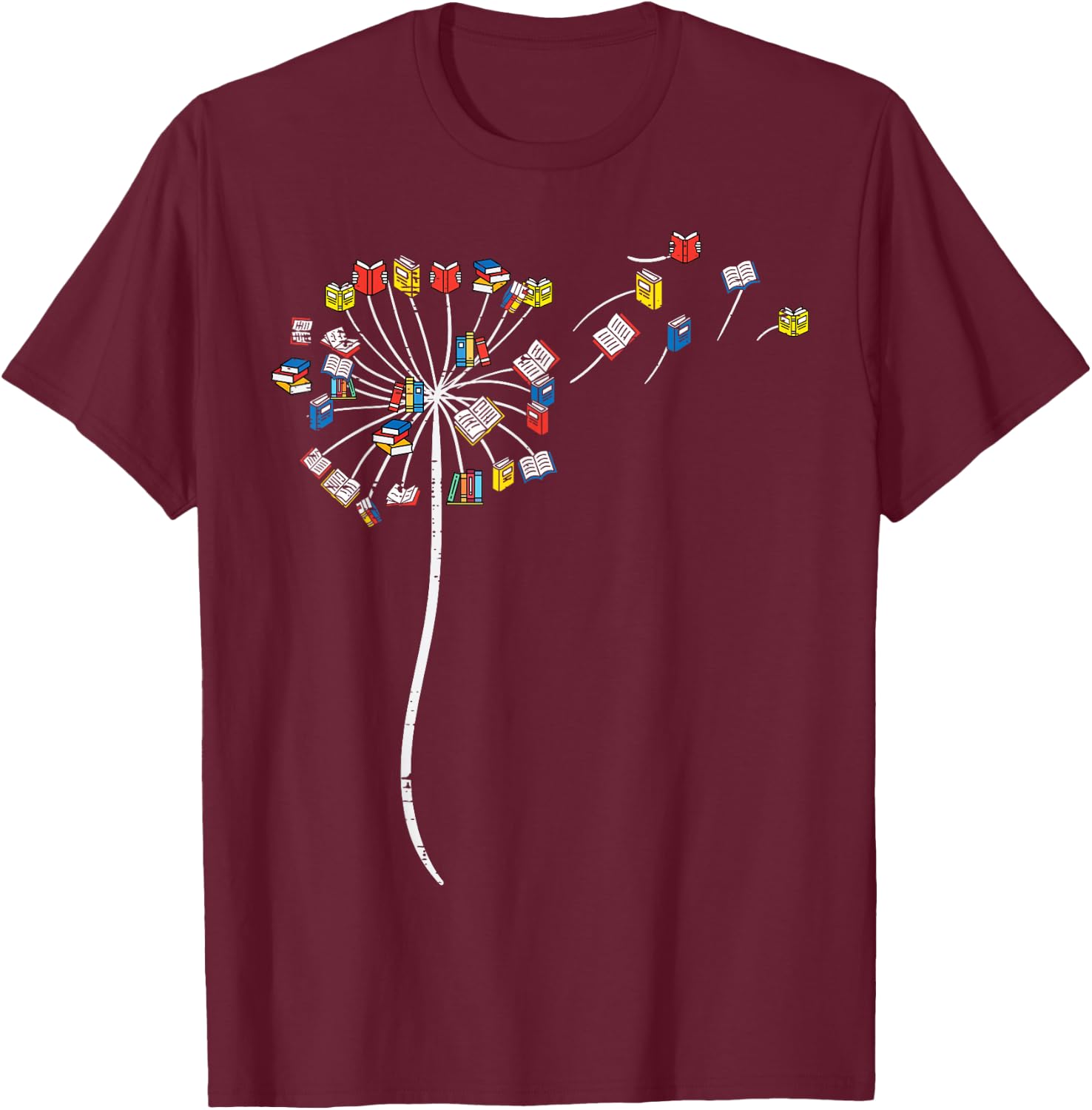 Dandelion Books Flower Reading Teacher Librarian Bookworm T-Shirt - T-Shirt | Maroon