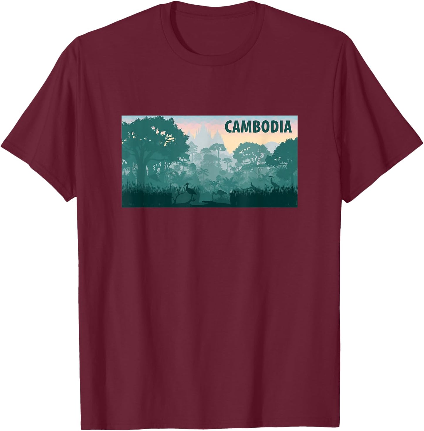 Cambodia Jungle Temple Scenery T-Shirt - T-Shirt | Maroon