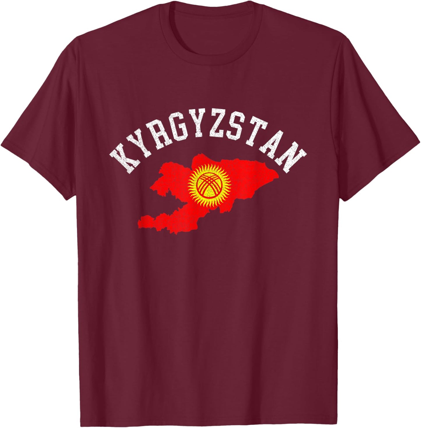 Patriotic Men Women Kyrgyzstan Flag Map Distressed T-Shirt - T-Shirt | Maroon