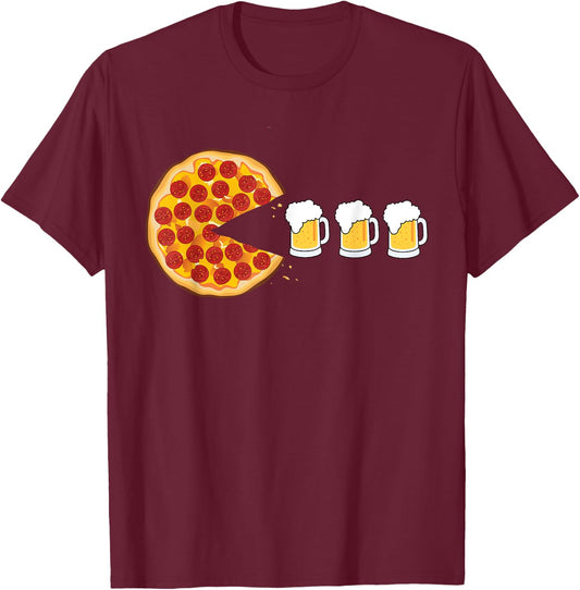 Pepperoni Pizza Chomping Draft Beer Funny Pizza T-Shirt - T-Shirt | Maroon