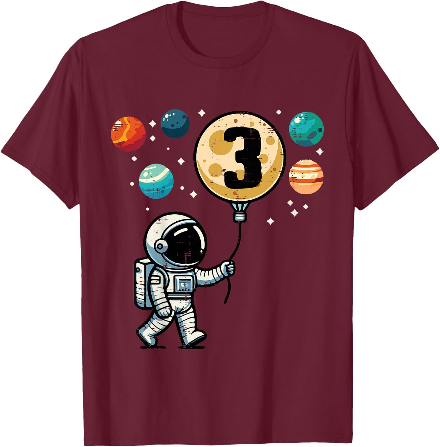 Kids 3rd Birthday Astronaut Planets 3 Year Old Bday Boys Kids T-Shirt - T-Shirt | Maroon