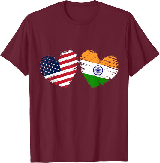 USA India Flag Heart Valentines Day Indian American T-Shirt - T-Shirt | Maroon