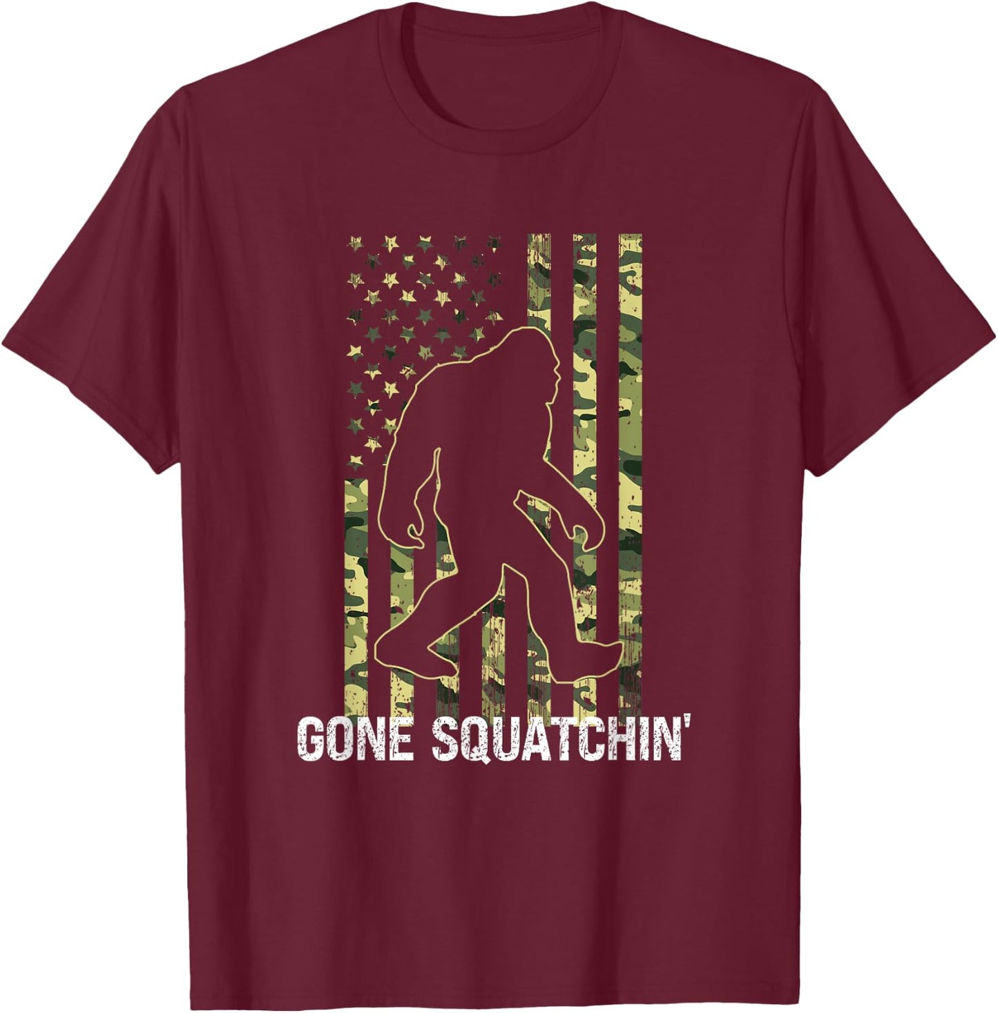 Gone Squatchin' Funny Bigfoot American Flag Camo Sasquatch Kids Men T-Shirt - T-Shirt | Maroon