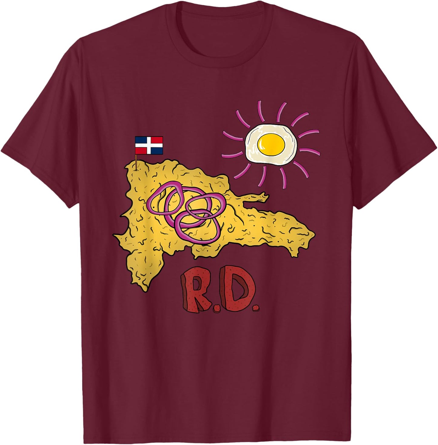 Dominican Republic Favorite Food | Mangú DR Map Egg & Salami T-Shirt - T-Shirt | Maroon