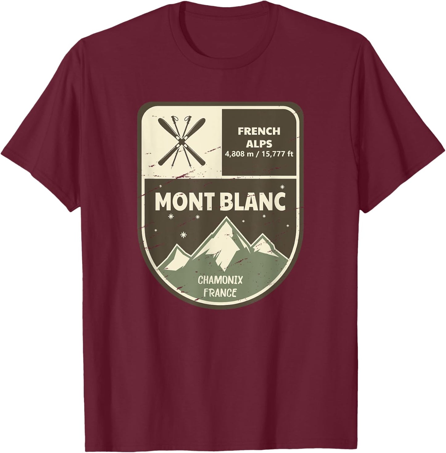 Mont Blanc French Alps Chamonix France Vintage T-Shirt - T-Shirt | Maroon