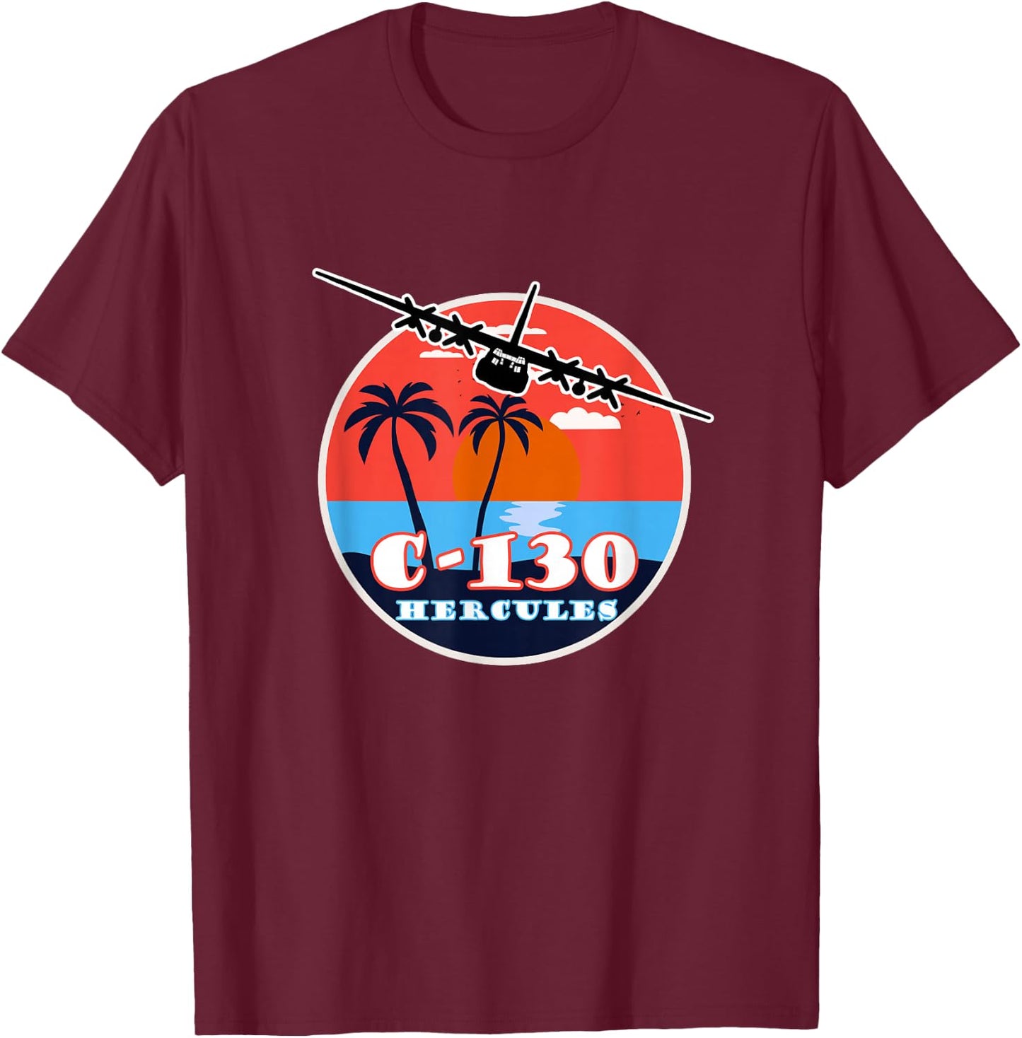 C-130 Vintage Tropical Sunset Cargo Aviation T-Shirt - T-Shirt | Maroon