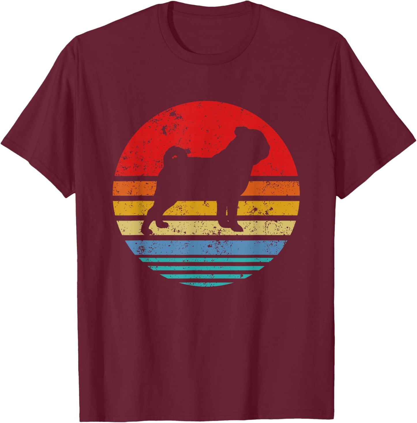 Pug Retro Sunset Distressed Mom Dad Dog Lover Gift Men Women Girls Kids T-Shirt - T-Shirt | Maroon