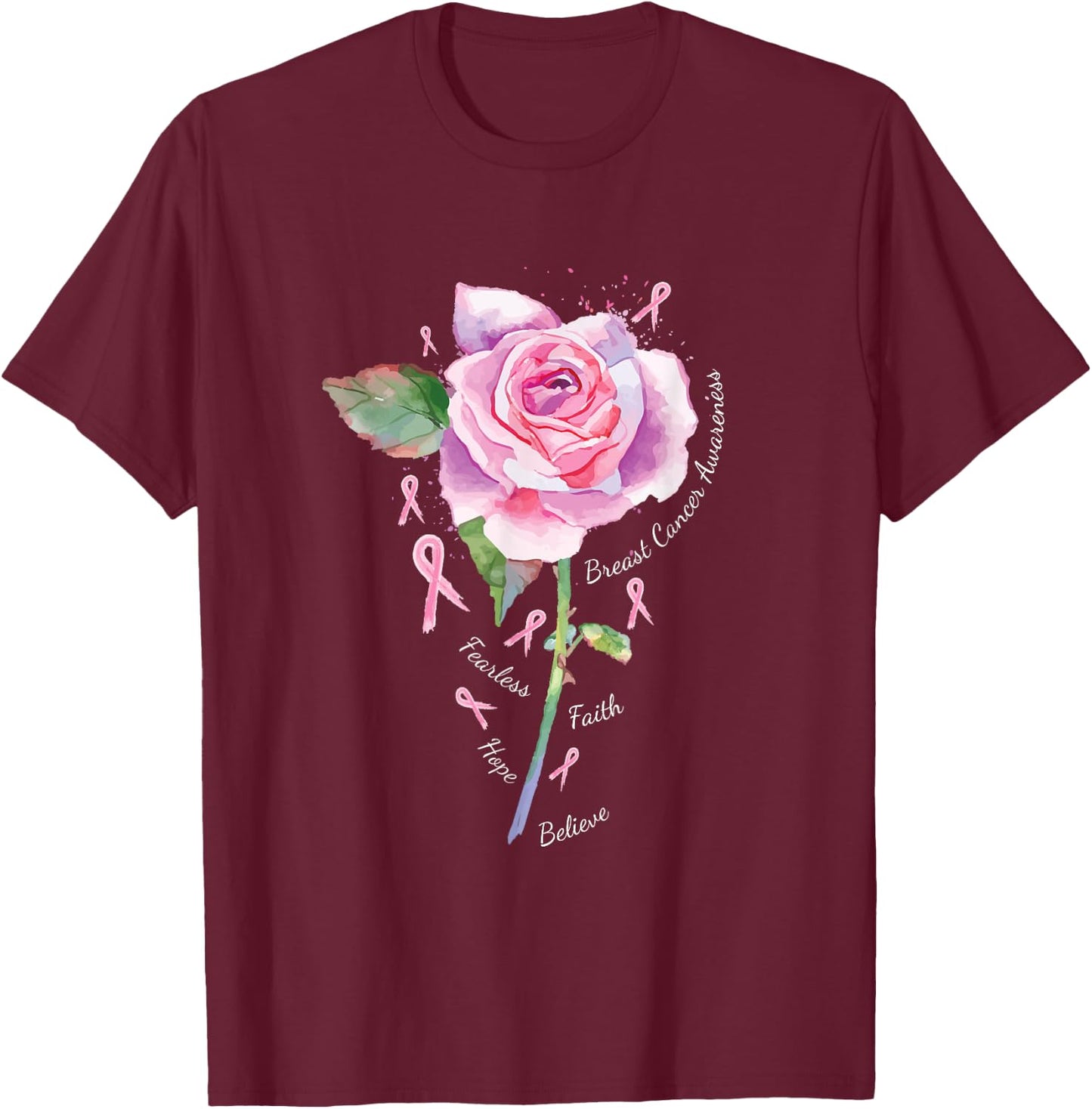 Breast Cancer Shirt Women Men Pink Ribbon Rose T-Shirt - T-Shirt | Maroon
