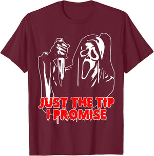 Men Just The Tip I Promise - Horror skeleton skull Halloween T-Shirt - T-Shirt | Maroon