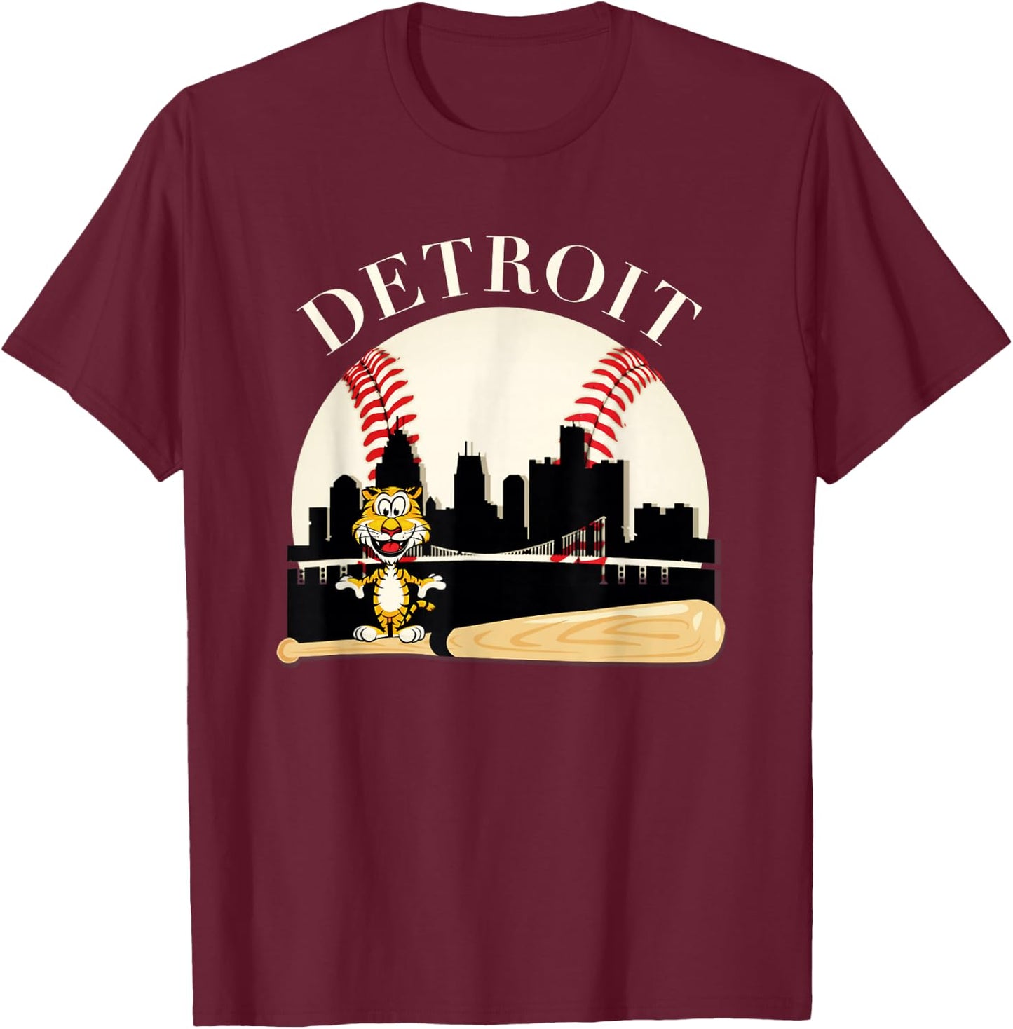 Detroit Baseball Tiger Mascot and Skyline Design T-Shirt - T-Shirt | Maroon