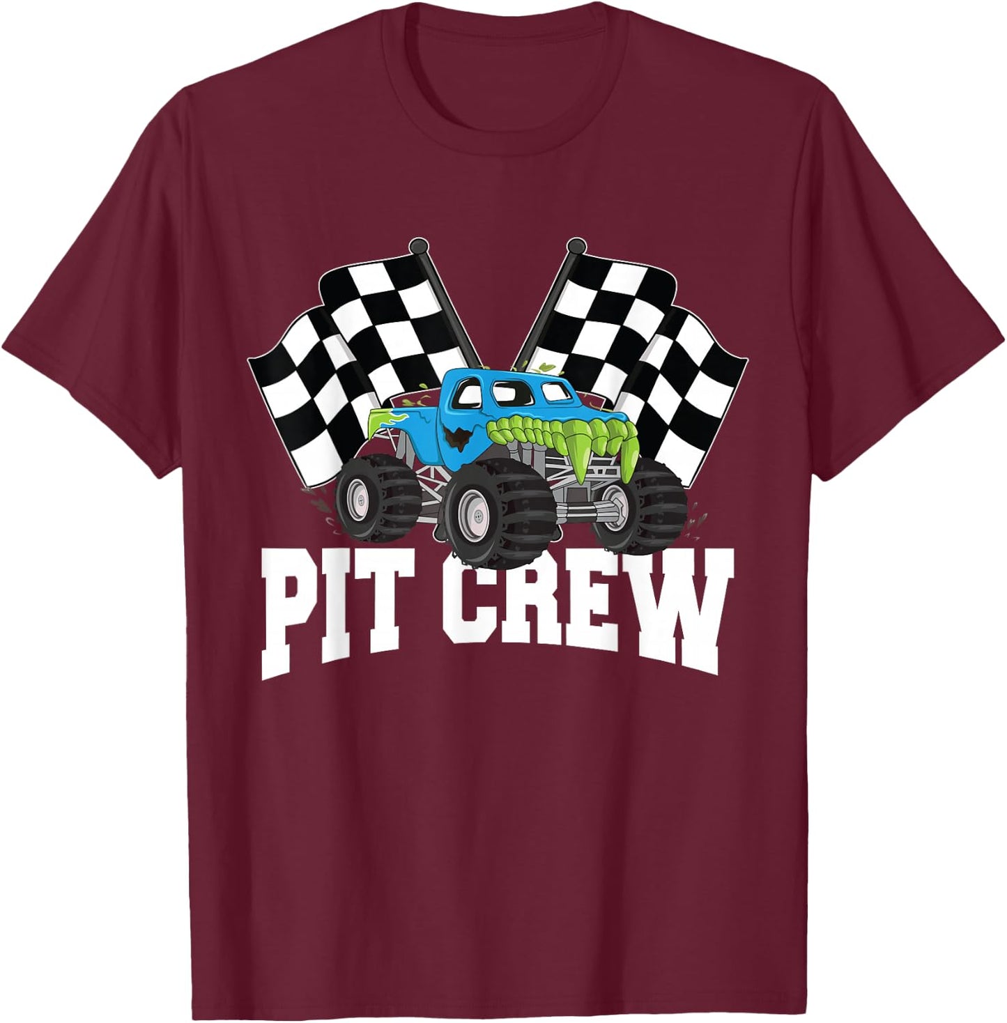 Pit Crew Monster Truck Racing Party and Checked Flag T-Shirt - T-Shirt | Maroon