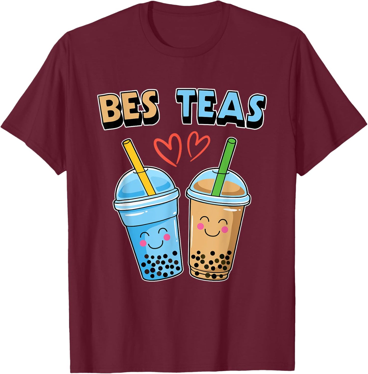 Boba Bubble Tea Bes Teas Kawaii Cute Bestie Blue and Brown T-Shirt - T-Shirt | Maroon
