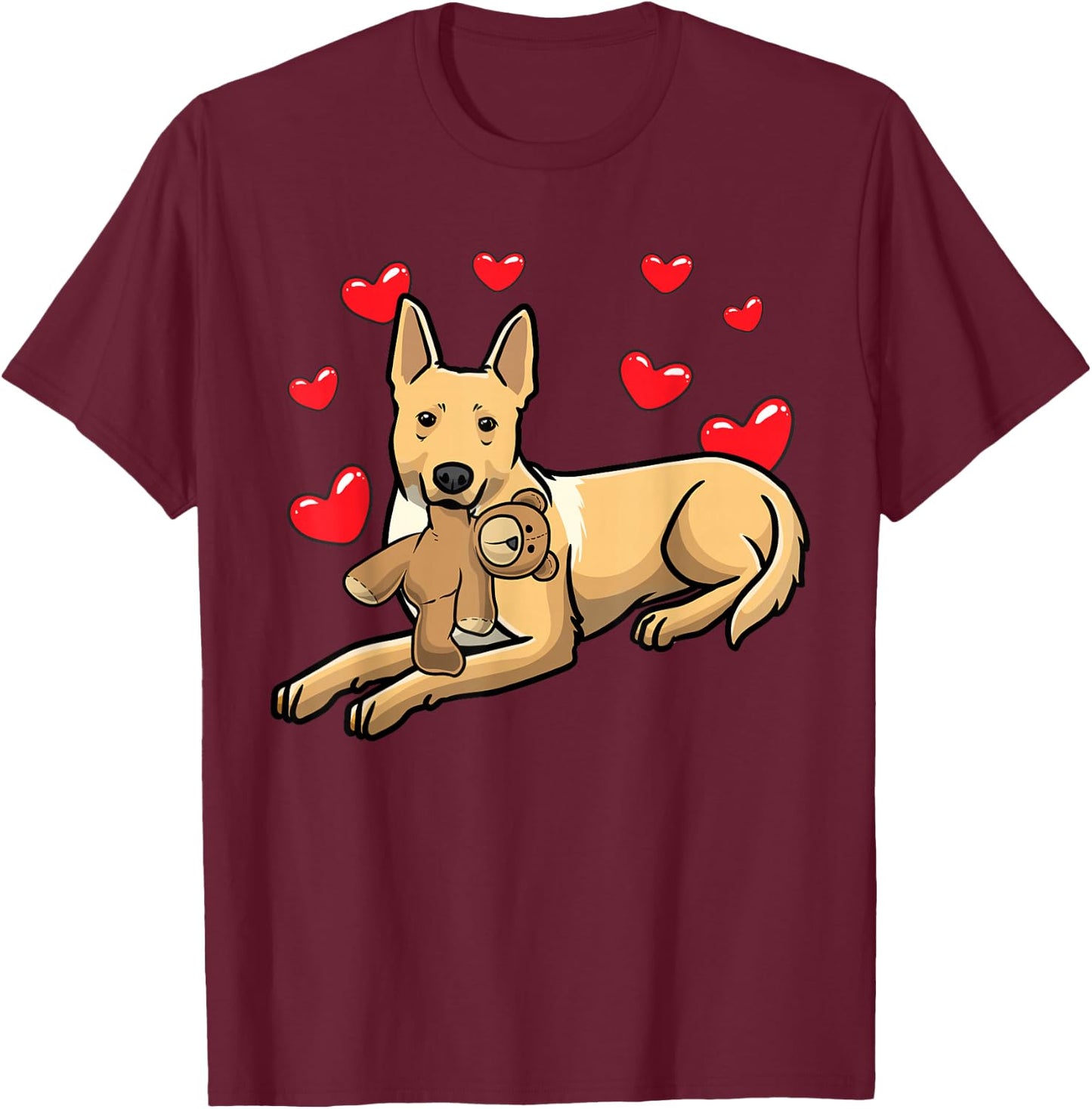 Carolina Dog Dog With Stuffed Animal And Hearts T-Shirt - T-Shirt | Maroon