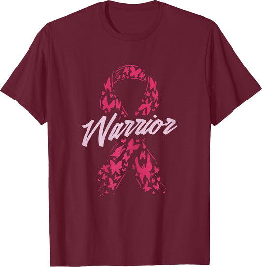 Warrior Butterfly Pink Ribbon Breast Cancer Awareness Gift T-Shirt - T-Shirt | Maroon