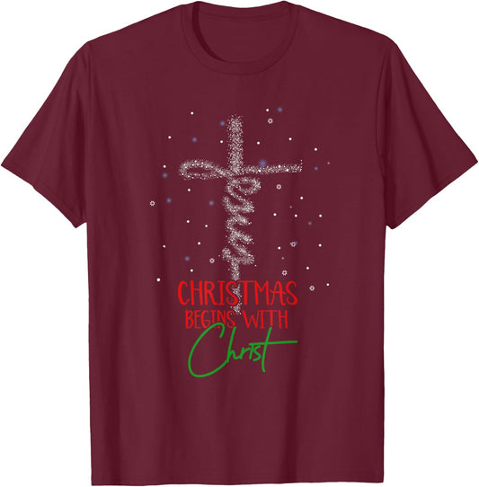 Christmas Begins with Christ Snowman Christian Religious T-Shirt - T-Shirt | Maroon