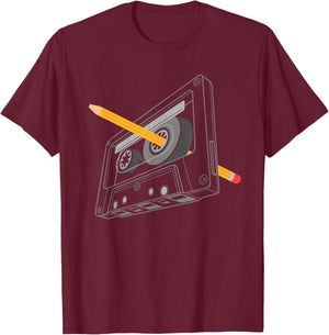 Vintage Rewind Funny 80s 90s Cassette Pencil Gift Men Women T-Shirt - T-Shirt | Maroon