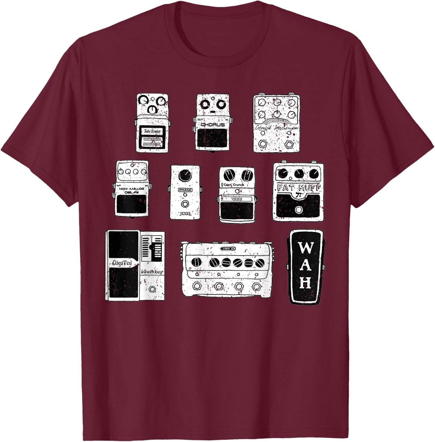 Vintage Guitar Pedals Black & White Music Gear Graphic T-Shirt - T-Shirt | Maroon