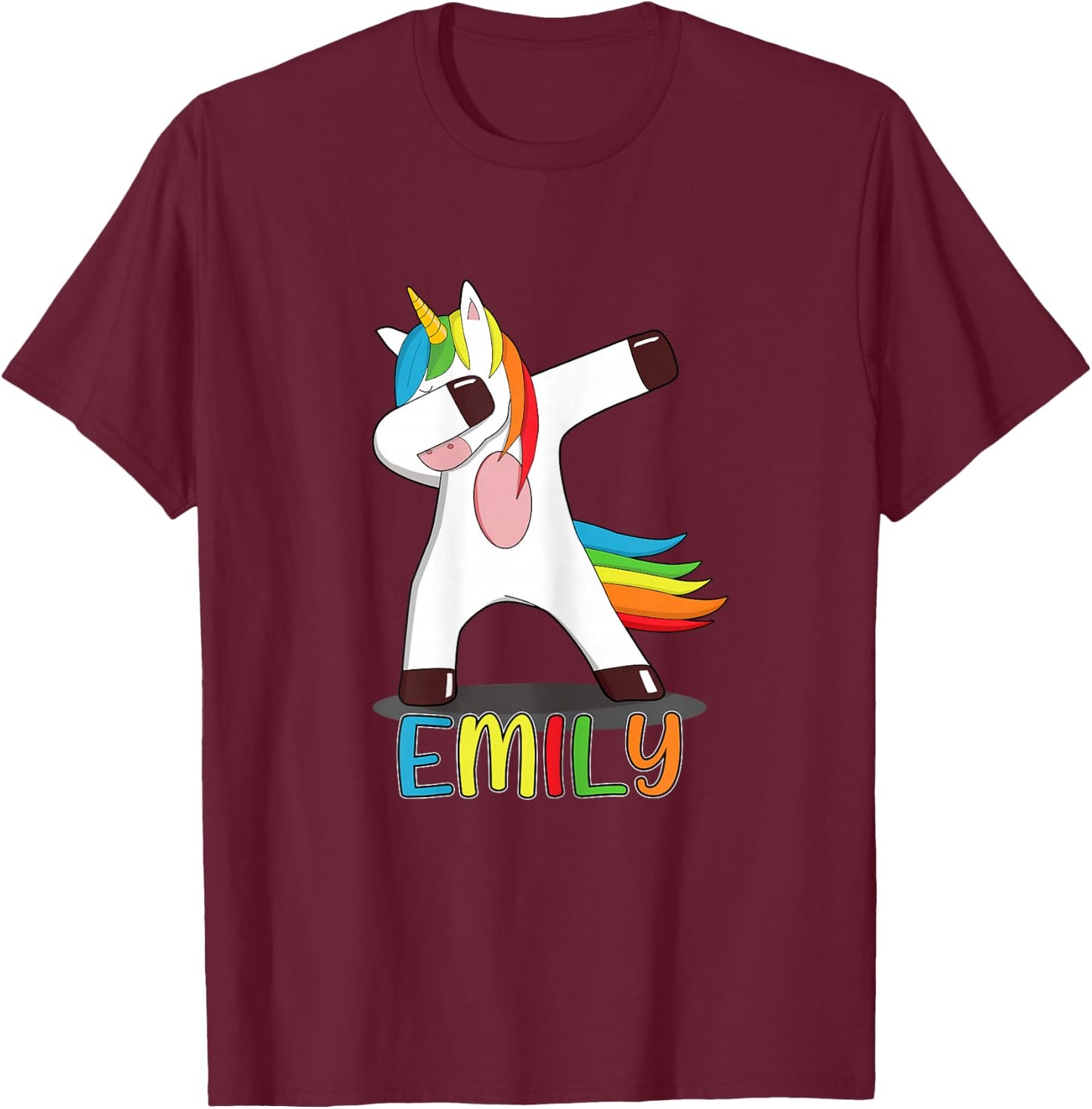 Emily Name - First Name Emily - Colourful Dabbing Unicorn T-Shirt - T-Shirt | Maroon