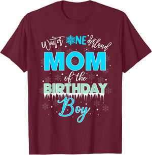 Mom Of The Birthday Boy Shirt Winter Onederland Family T-Shirt - T-Shirt | Maroon