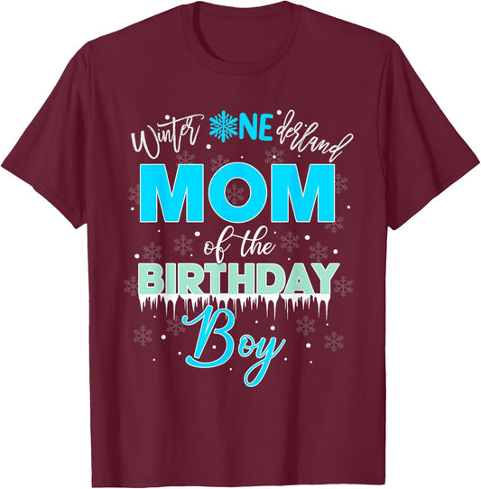 Mom Of The Birthday Boy Shirt Winter Onederland Family T-Shirt - T-Shirt | Maroon