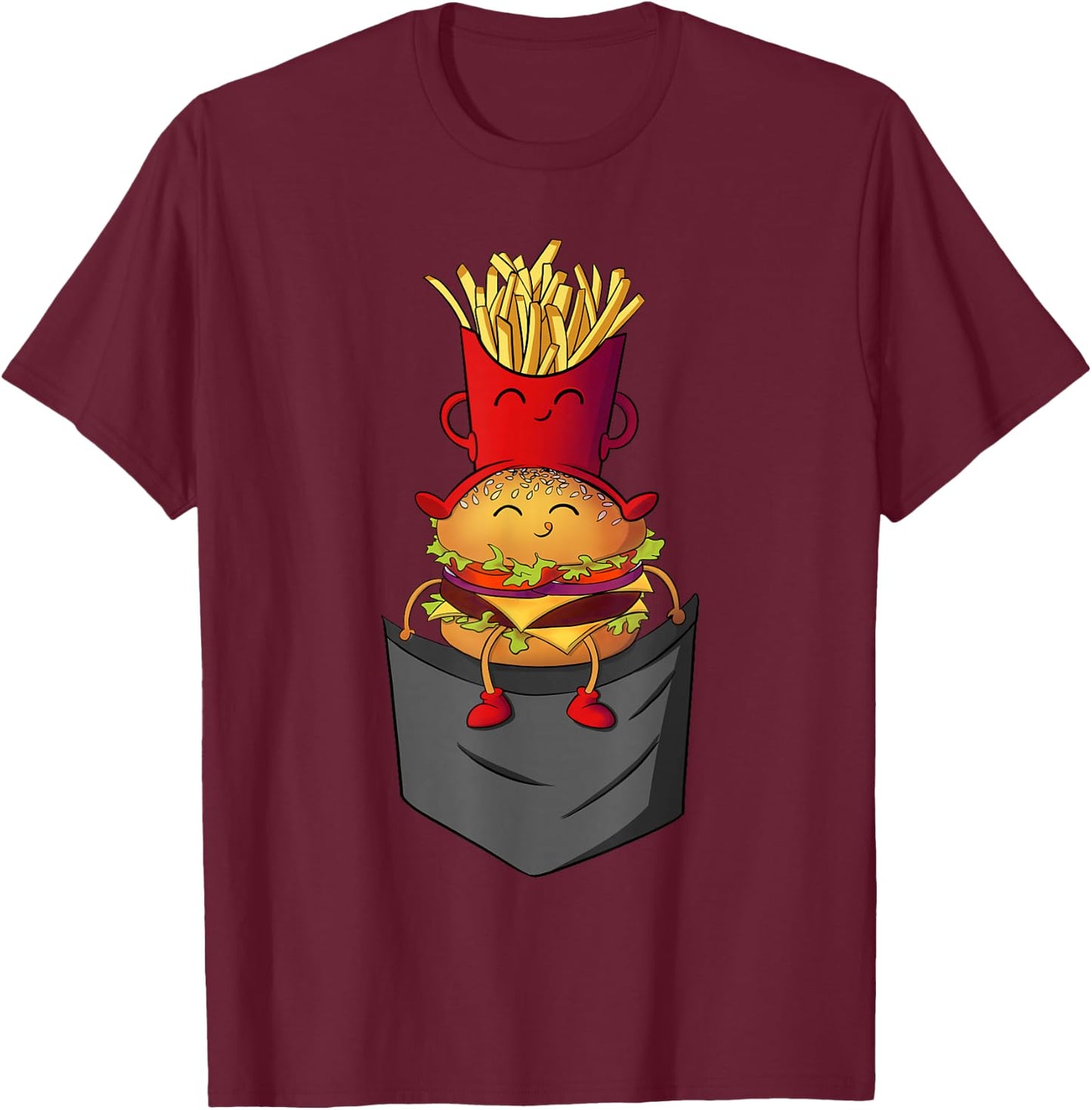 Fast Food in Pocket - Fries Burger Pommes Frites Potato T-Shirt - T-Shirt | Maroon