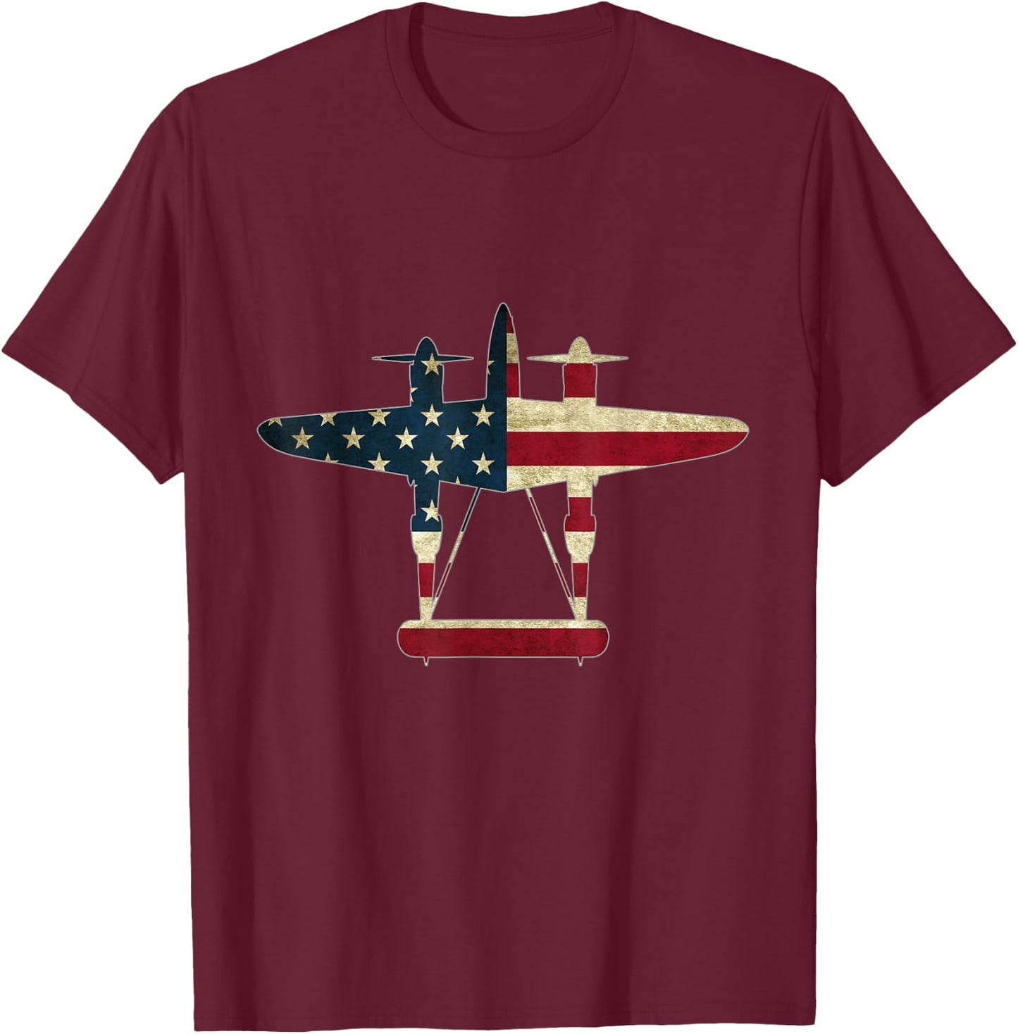 Retro USA Aircraft Warbird Pilot Gift Flag P-38 Lightning T-Shirt - T-Shirt | Maroon
