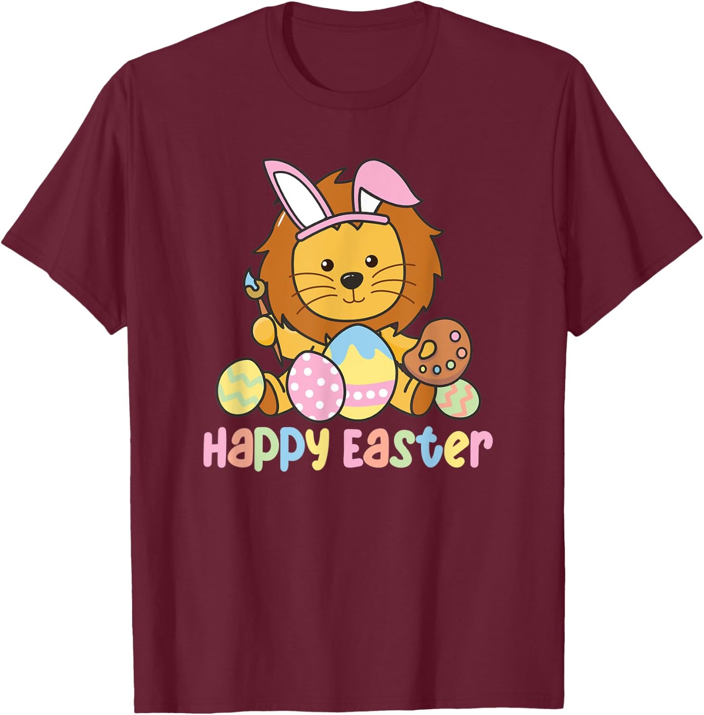 Happy Easter Cute Lion At Easter With Easter Eggs T-Shirt - T-Shirt | Maroon