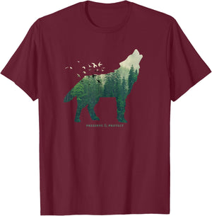 Vintage National Park Wolf Preserve & Protect Nature T-Shirt - T-Shirt | Maroon