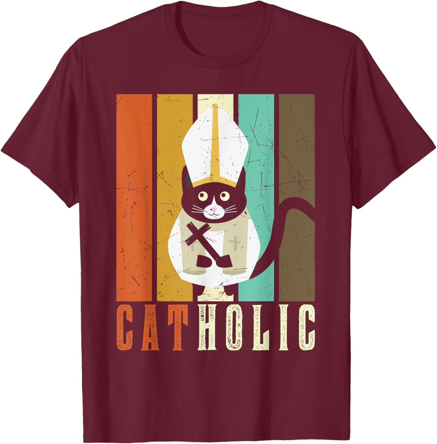Funny Catholic T Shirts, Cat-holic Cat Lover Retro Vintage T-Shirt - T-Shirt | Maroon