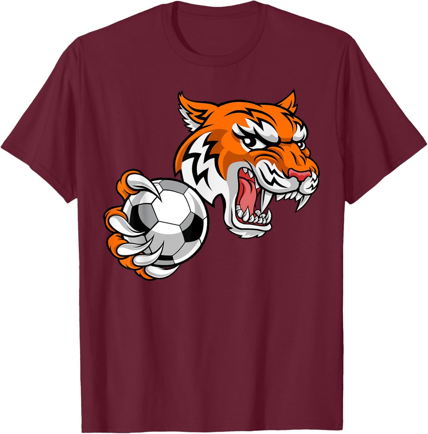 Tiger Cartoon Sports Tigers Team Mascot Soccer Football Ball T-Shirt - T-Shirt | Maroon