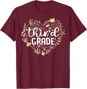 3rd Third Grade Floral Heart Back To School Teacher Girls T-Shirt - T-Shirt | Maroon