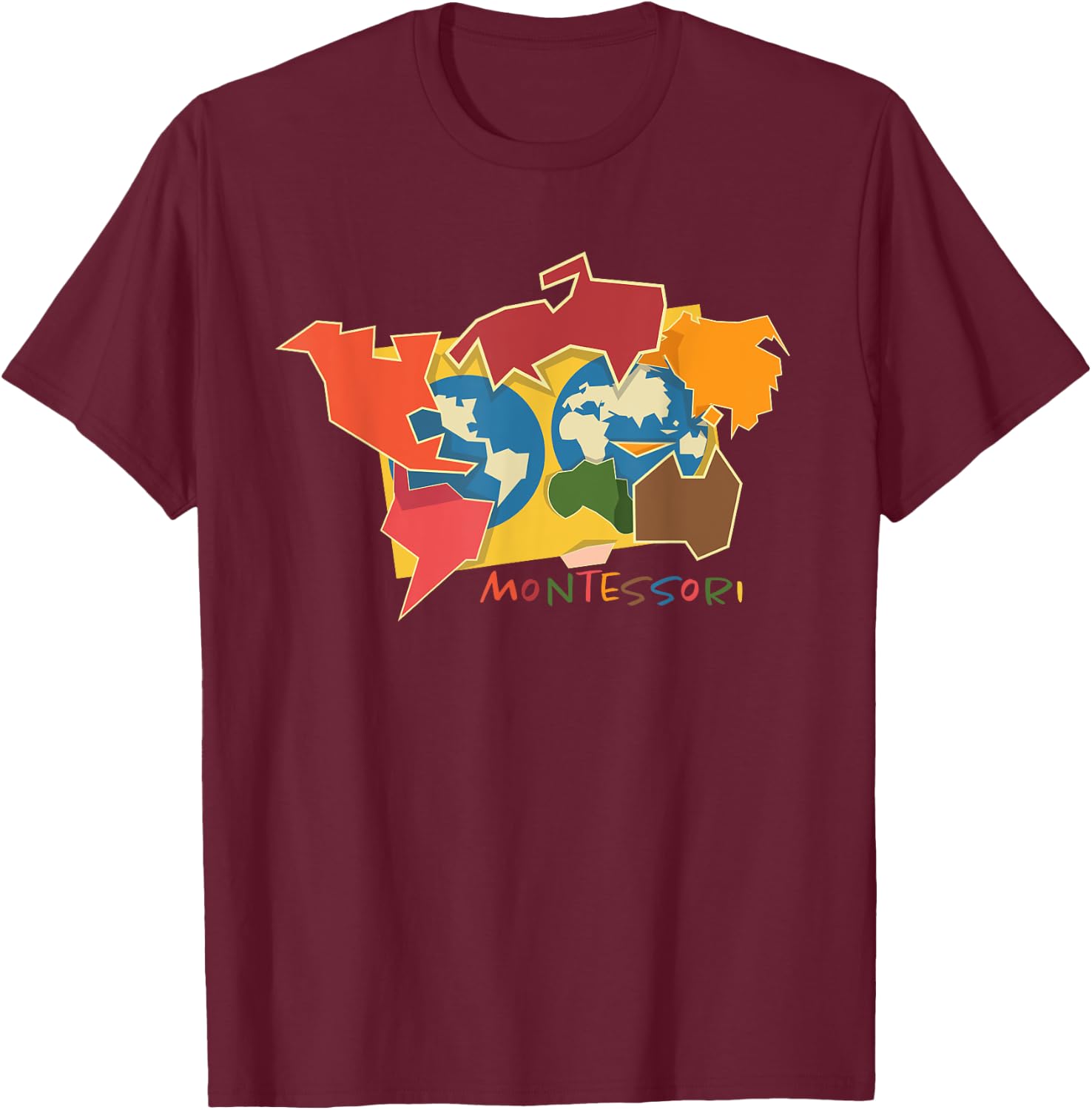 Montessori continent map T-Shirt - T-Shirt | Maroon