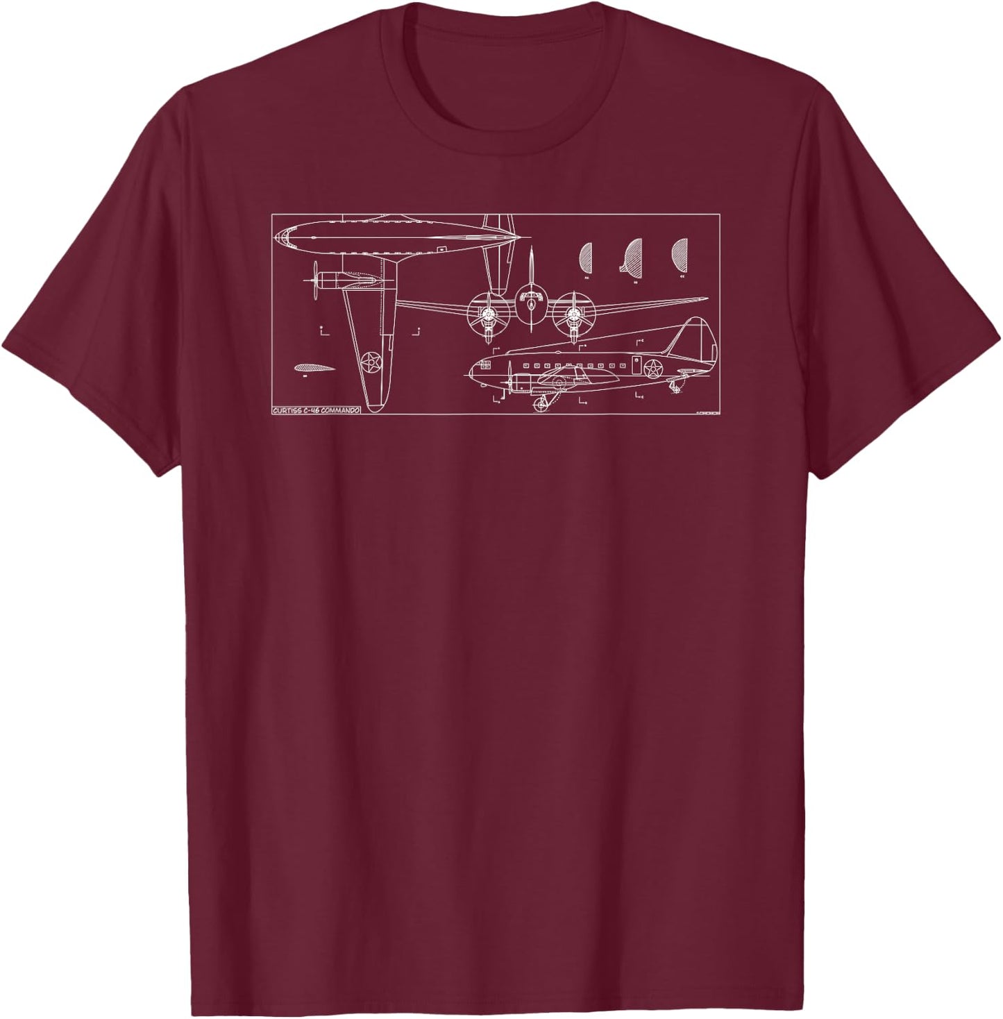 C-46 Commando American WW2 Transport Plane Blueprint T-Shirt - T-Shirt | Maroon