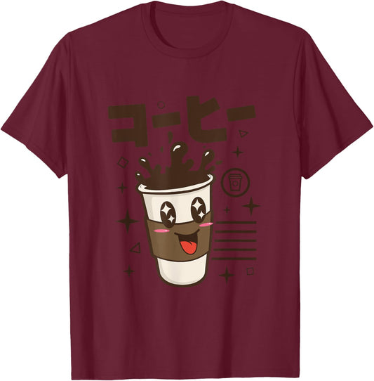 Kawaii Japanese writing anime cartoon character Coffee T-Shirt - T-Shirt | Maroon