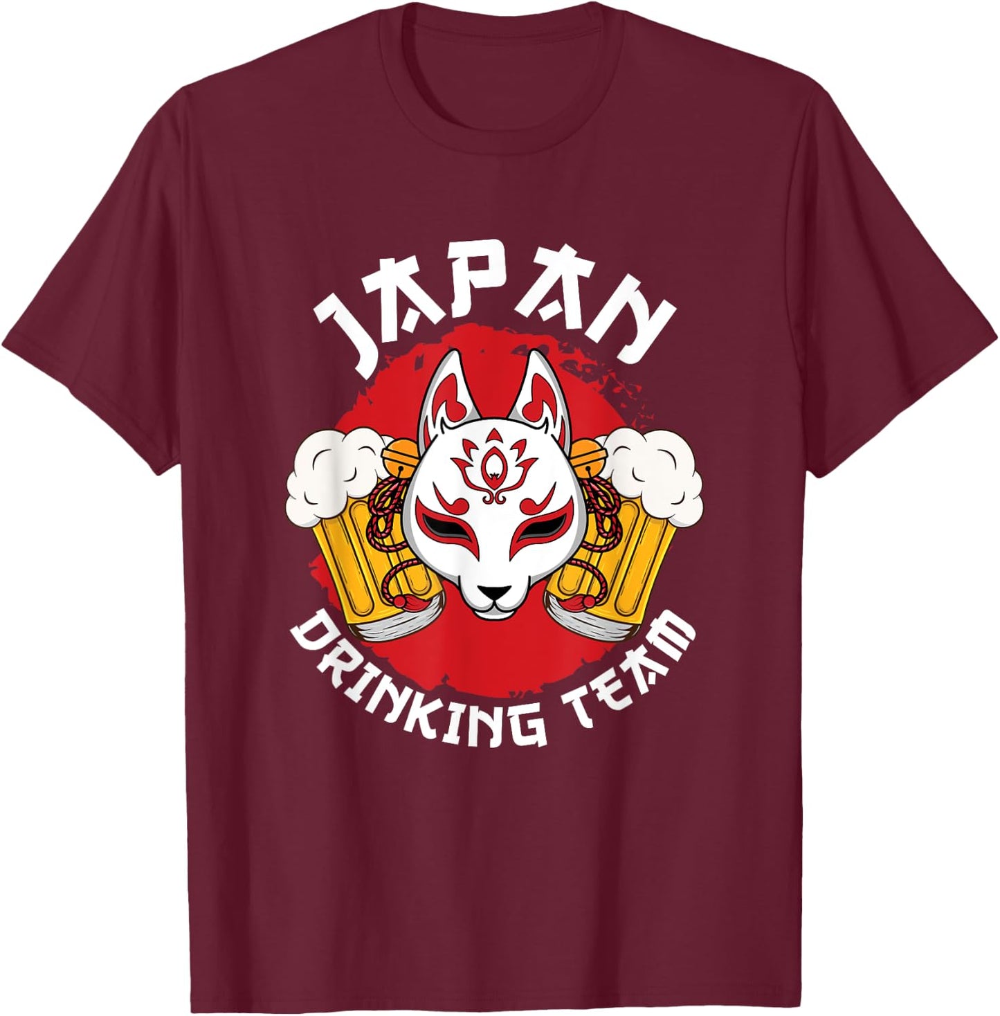 Japan Drinking Team Beer Alcohol Pub Party Kitsune Mask Flag T-Shirt - T-Shirt | Maroon
