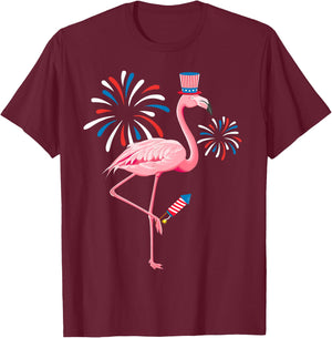 Cute 4th Of July Flamingo Fireworks Kids Toddler Boys Girls T-Shirt - T-Shirt | Maroon
