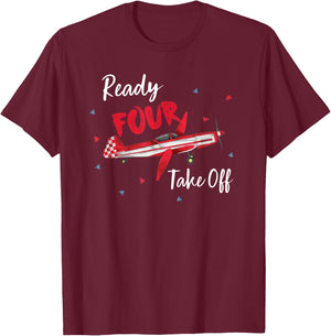 Ready Four Take Off Years Old Birthday 4th Bday Boy Airplane T-Shirt - T-Shirt | Maroon