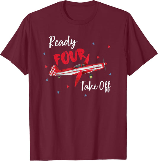 Ready Four Take Off Years Old Birthday 4th Bday Boy Airplane T-Shirt - T-Shirt | Maroon