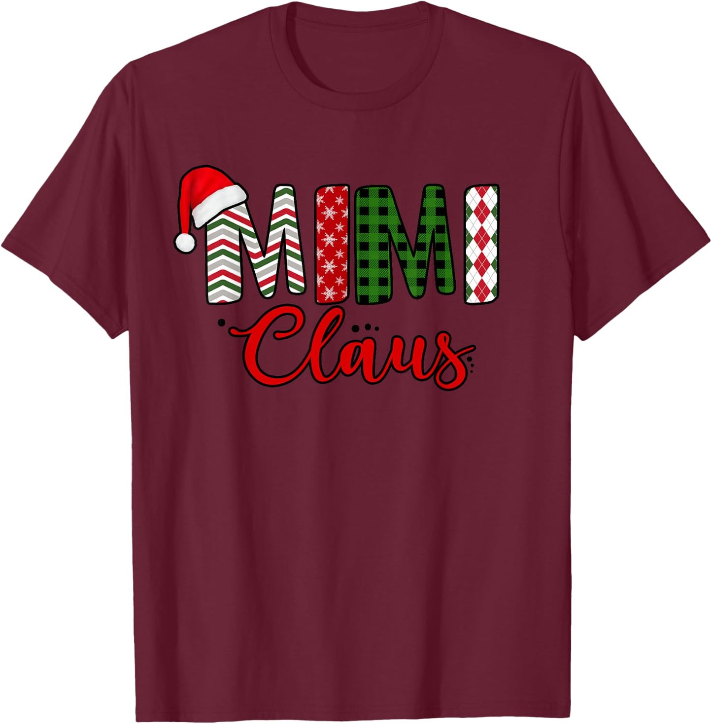 Funny Mimi Claus Santa Hat Red Plaid Christmas Matching T-Shirt - T-Shirt | Maroon