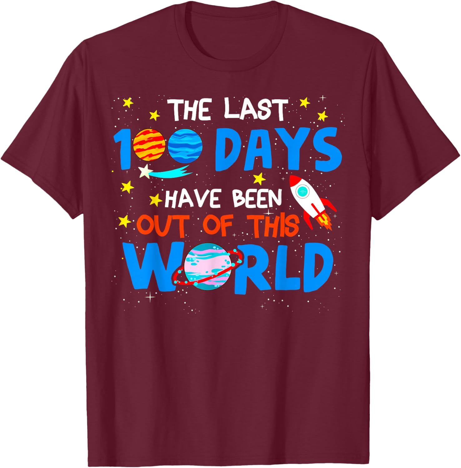 100 Days Of School Boys Outer Space Astronaut Planets Rocket T-Shirt - T-Shirt | Maroon
