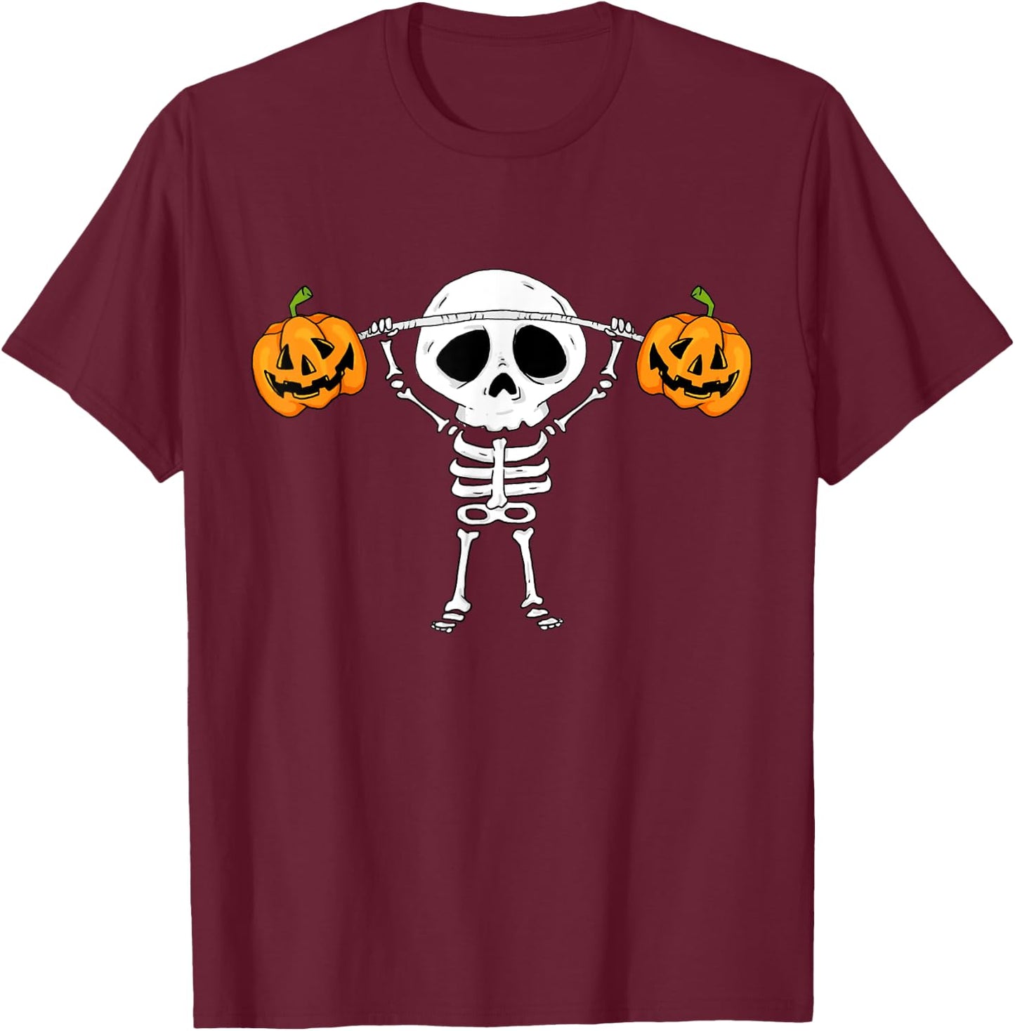 Skeleton Lifting Pumpkins Funny Halloween Snatch Barbell T-Shirt - T-Shirt | Maroon
