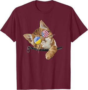 Cute Cat Kitten American Ukrainian Flag Sunglusses T-Shirt - T-Shirt | Maroon