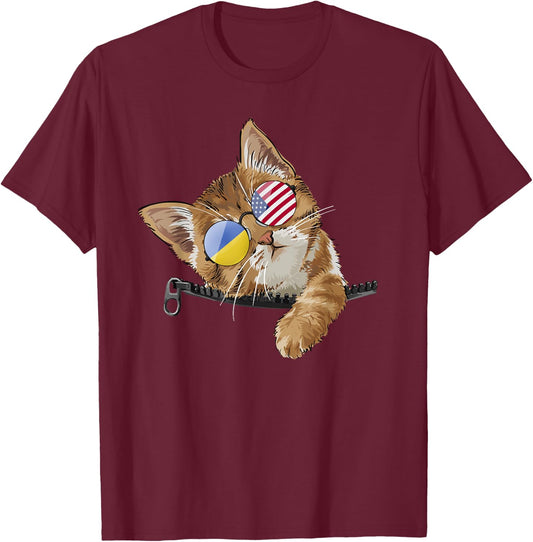 Cute Cat Kitten American Ukrainian Flag Sunglusses T-Shirt - T-Shirt | Maroon