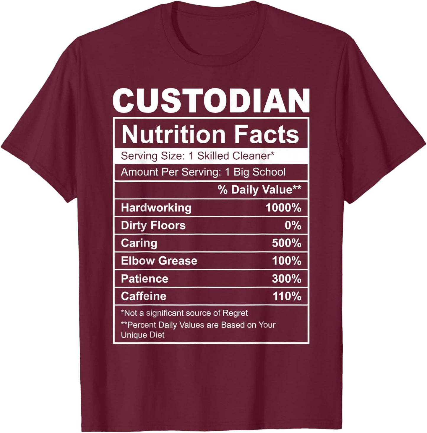 Custodian Nutrition Facts Funny T-Shirt - T-Shirt | Maroon