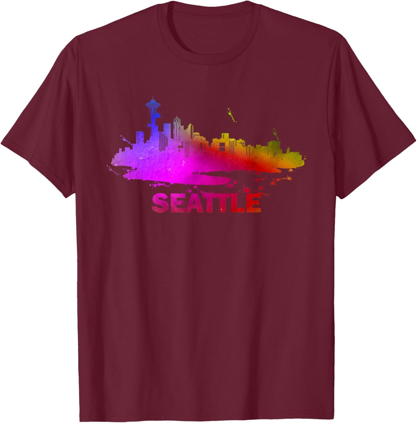 Colorful Seattle Cityscape Souvenir - Seattle Skyline T-Shirt - T-Shirt | Maroon