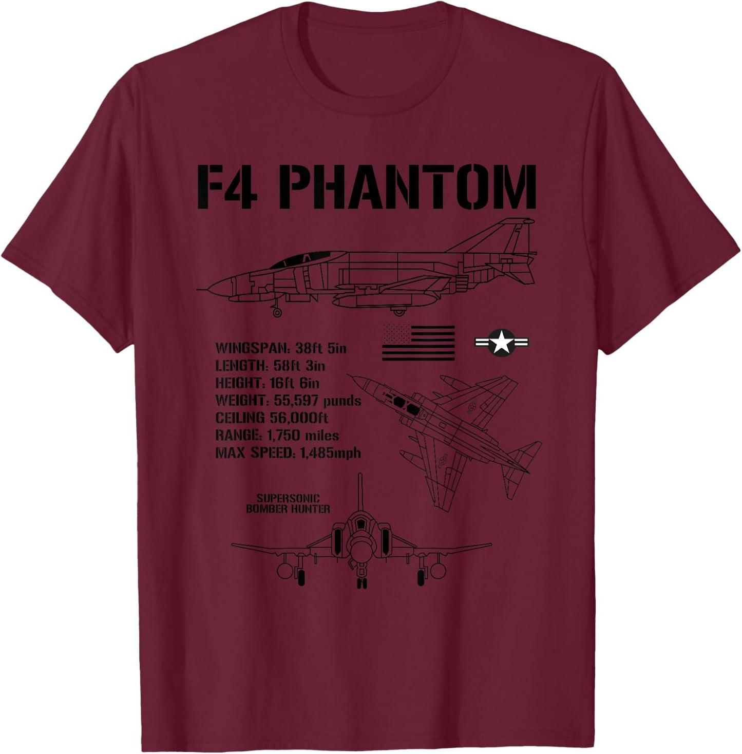 F-4 Phantom Fighter Jet Specs Military Airplane F4 Phantom T-Shirt - T-Shirt | Maroon