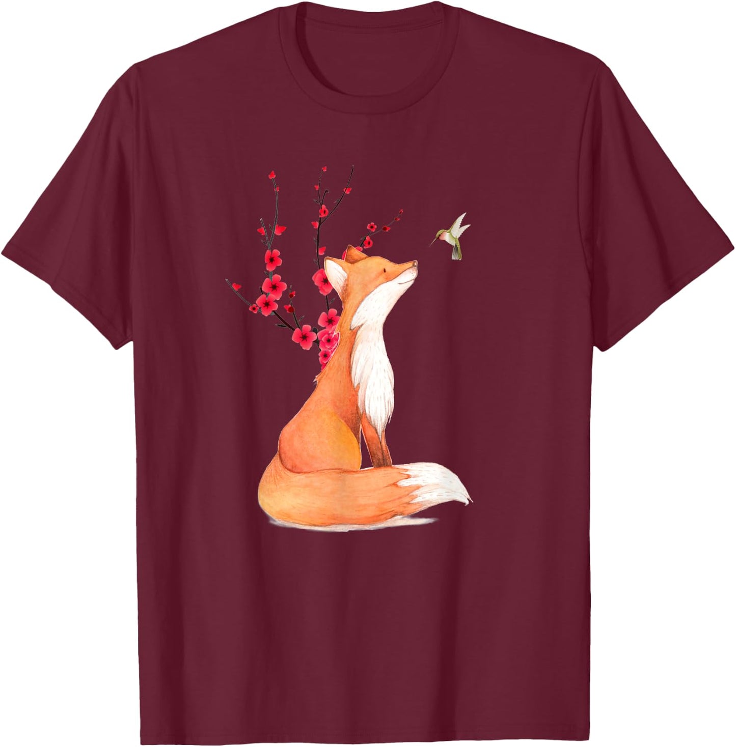 The Cute Fox And Hummingbird Cherry Blossom Flower Present T-Shirt - T-Shirt | Maroon