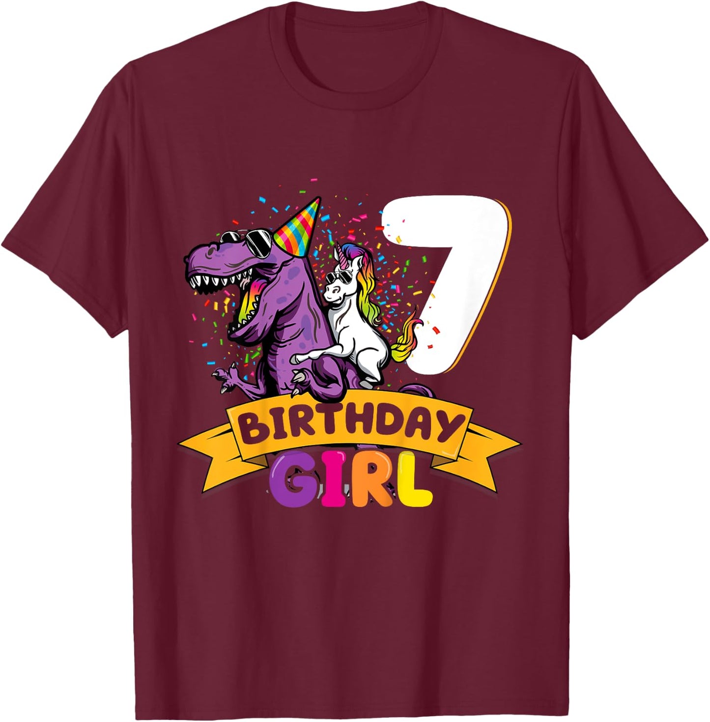 Dinosaur Unicorn 7 Birthday Decoration 7 Dino Girl 7 Years T-Shirt - T-Shirt | Maroon