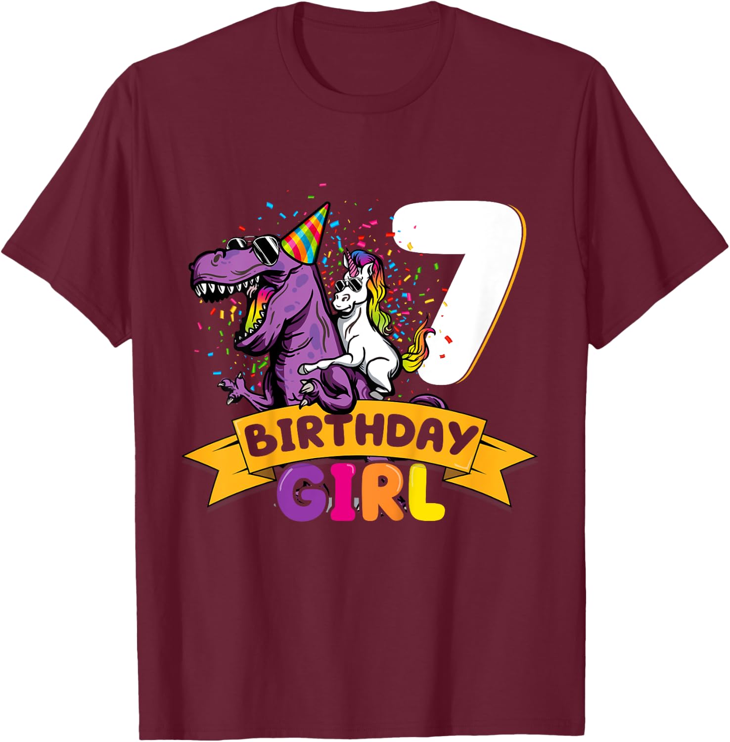 Dinosaur Unicorn 7 Birthday Decoration 7 Dino Girl 7 Years T-Shirt - T-Shirt | Maroon